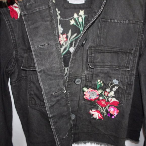 Bershka Embroidered Black Denim Jacket Floral Raw Hem - Picture 3 of 8